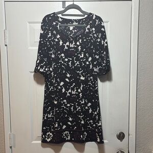 LOFT Black, White, & Purple Patterned Midi Dress